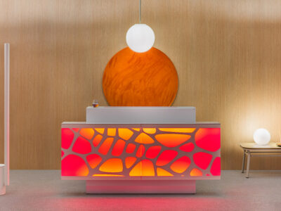 Olie – White Reception Desk With Back Lit Rgb Colour Light1