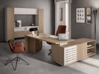 Alora – Wood Finish Executive Desk with Slab Legs with Optional Return & Credenza Unit