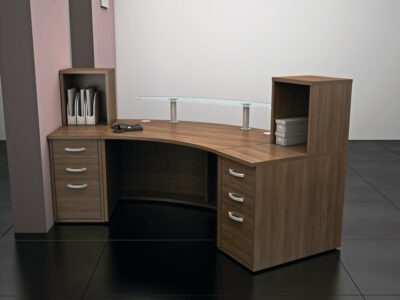 Arc – Walnut Reception Desk With Clear Glass Shelf