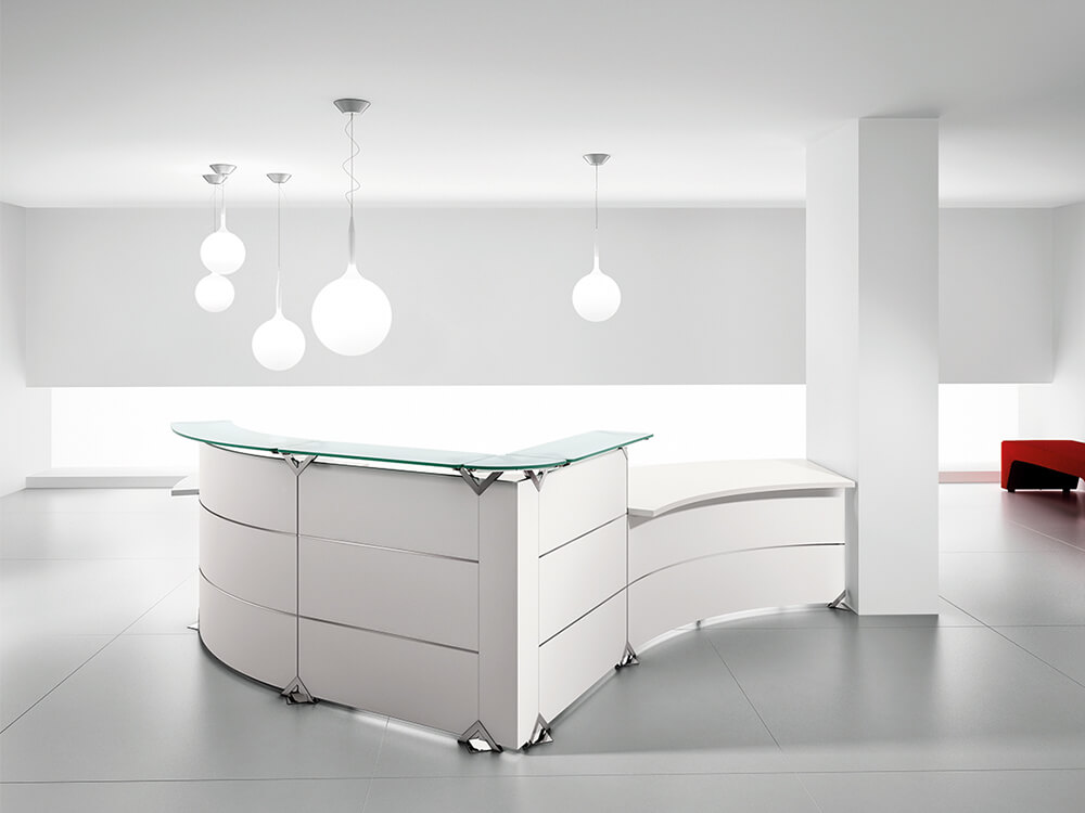 Benito 5 – Curved Reception Desk With Aluminium Stripe Finishes And Dda Approved Wheelchair Access Unit1