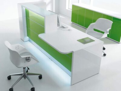 Alba 7 – Green Lacquered Reception Desk in White with wheelchair access