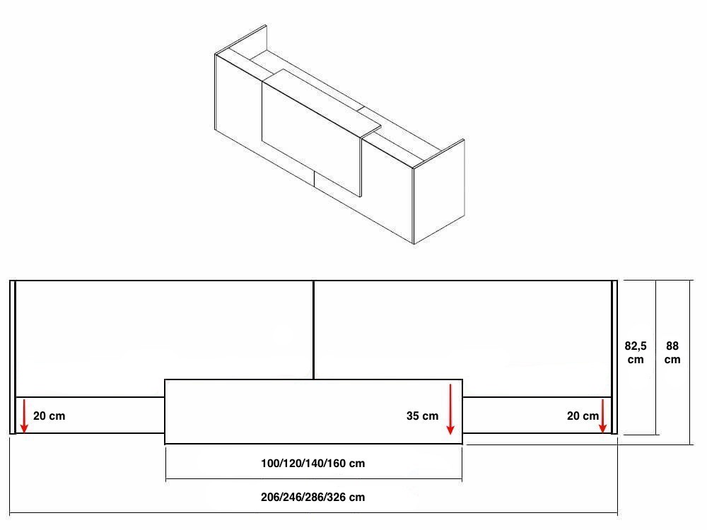 Roman 2 – Reception Desk With Overhang Panel And Side Panels Dimenison