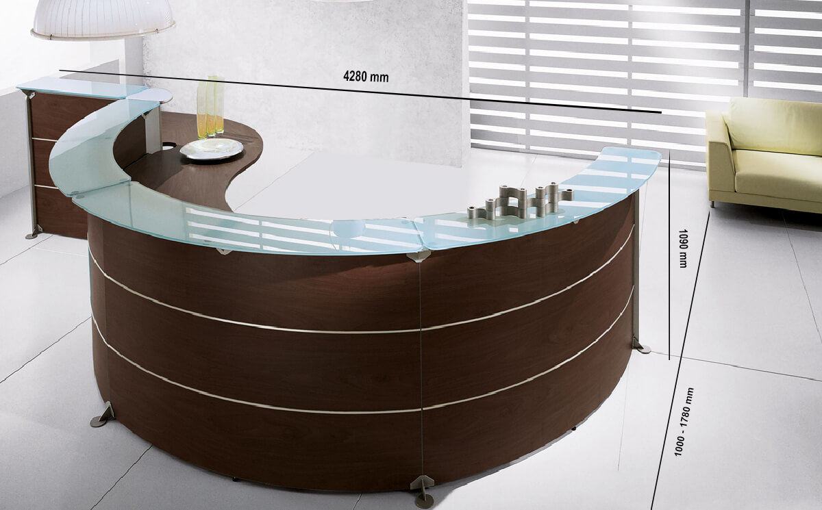 Size Benito 3 – Dark Oak Reception Desk With Glass Shelf Top