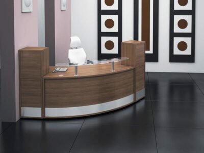 Arc – Walnut Reception Desk with Clear Glass Shelf