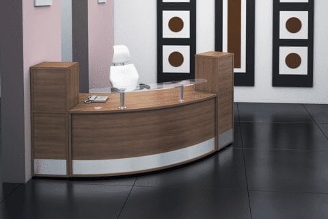 Arc – Walnut Reception Desk with Clear Glass Shelf