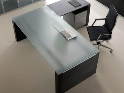 Velocity - Glass Executive Desk with Wood Finish Legs with Return Unit