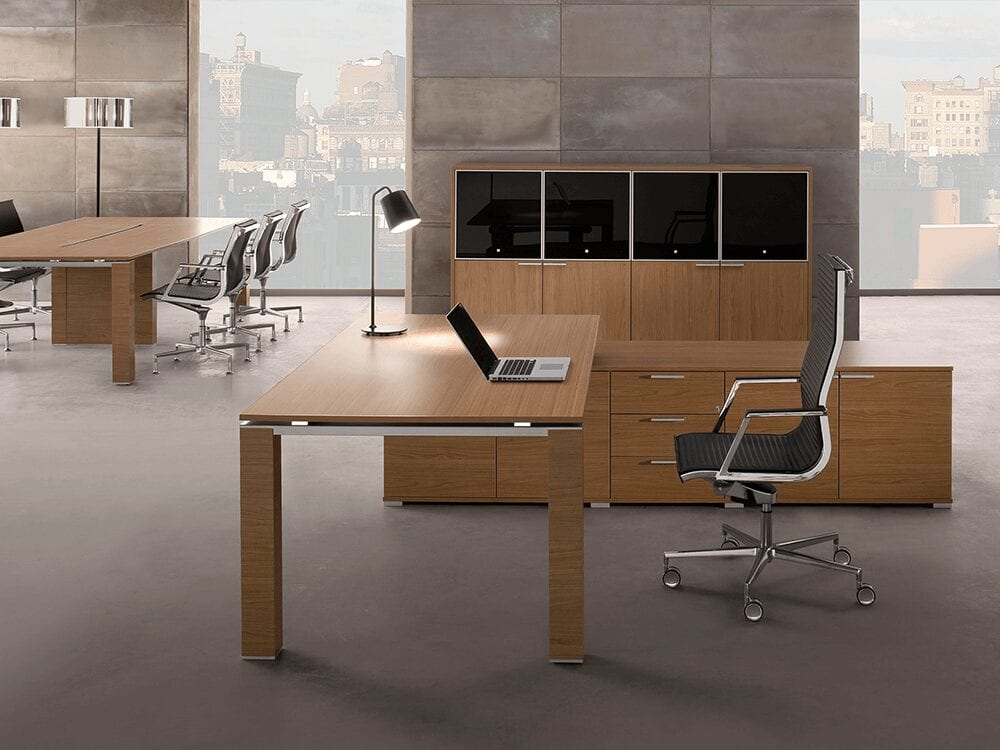 Legnosa - Natural Oak or Walnut Wood Finish Executive Desk with Goalpost U Leg and Optional Credenza Unit