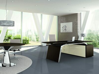 Futura – Modern White, Black, Wood Veneer or Oak Executive Desk with Solid Panel Legs
