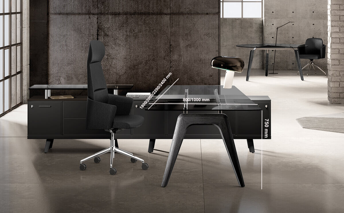 Forza 2 – Modern Glass Top Executive Desk With A Leg With Optional Credenza Unit