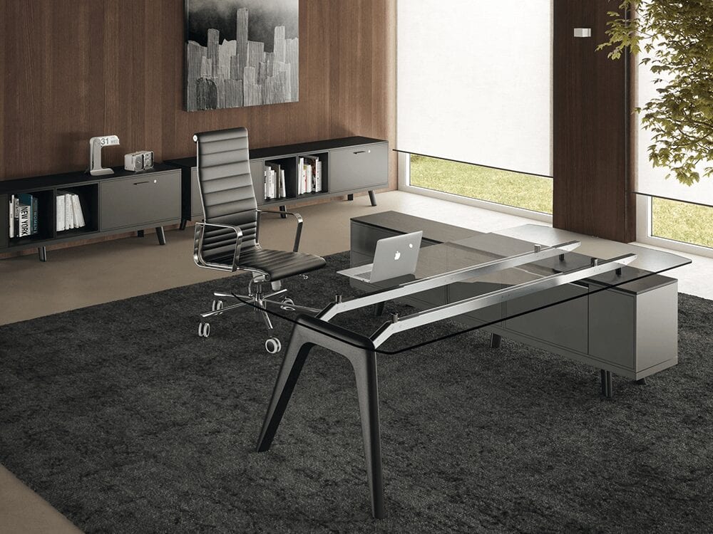 Forza 2 - Modern Glass Top Executive Desk with A Leg with Optional Credenza Unit