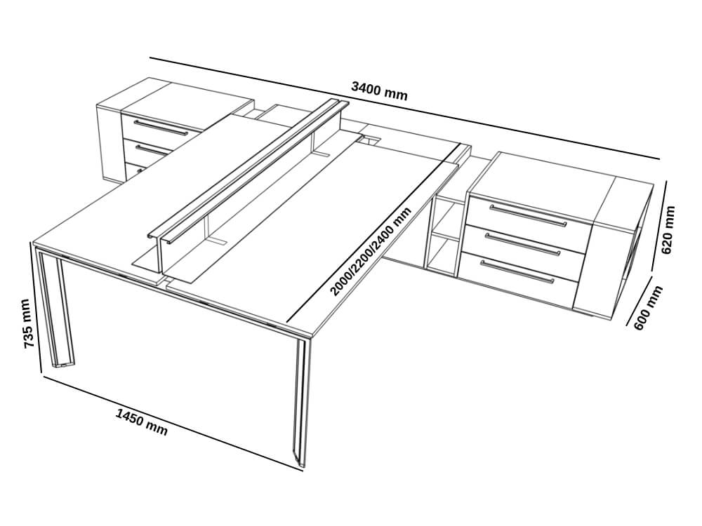 Viviana 2 Contemporary Office Workstation Desk For 2 Or 4 With Slim Legs For 2 Persons