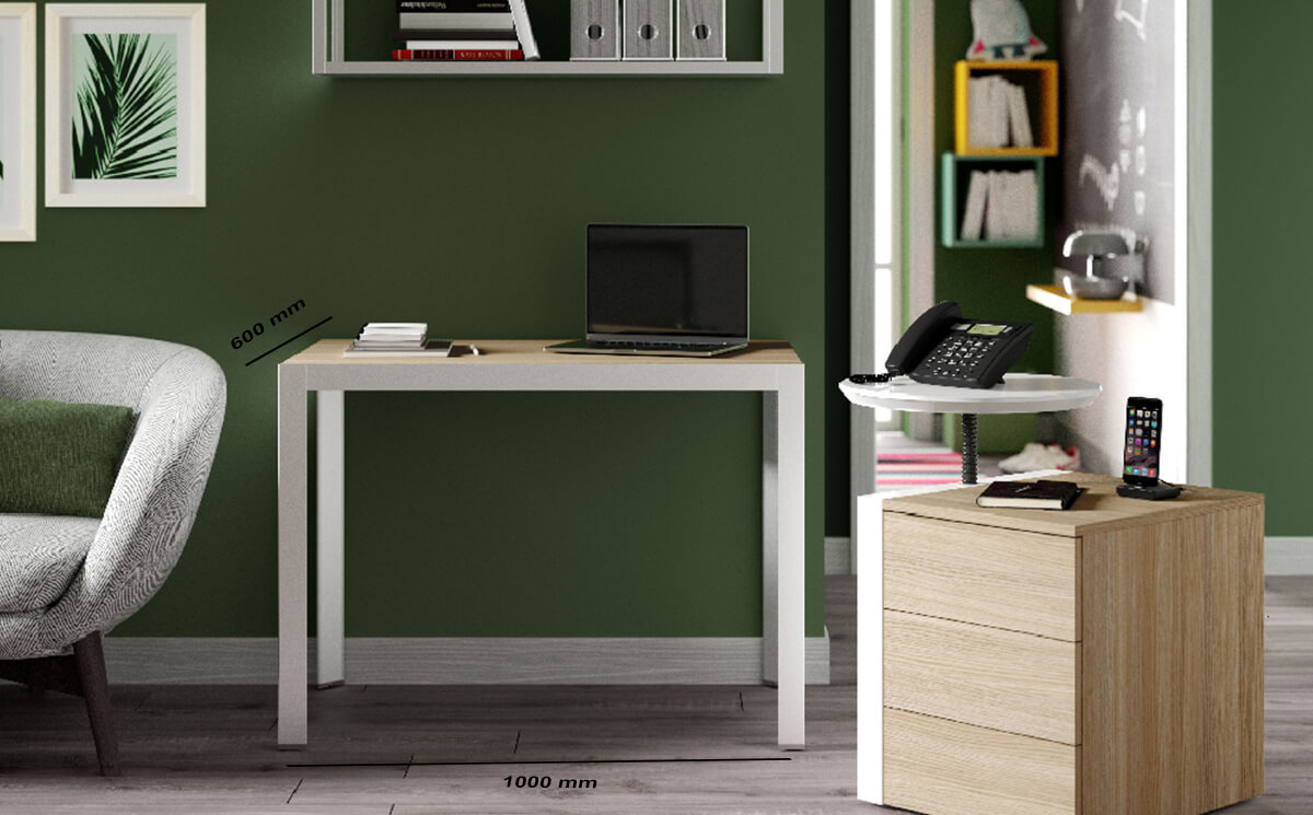 Size Nicola – Modern Home Office Desk With Wall Unit, 3 Drawer Pedestal & Attached Phone Stand