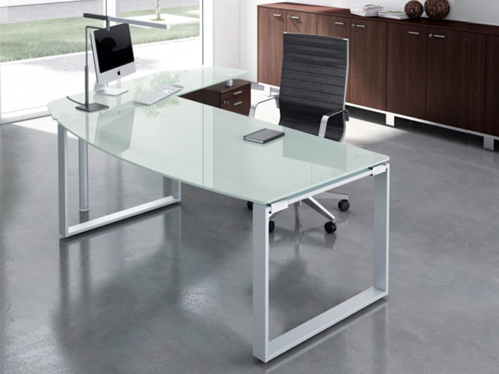 Bonnie 1 Glass Top Ring Leg Executive Desk With Rounded Front2