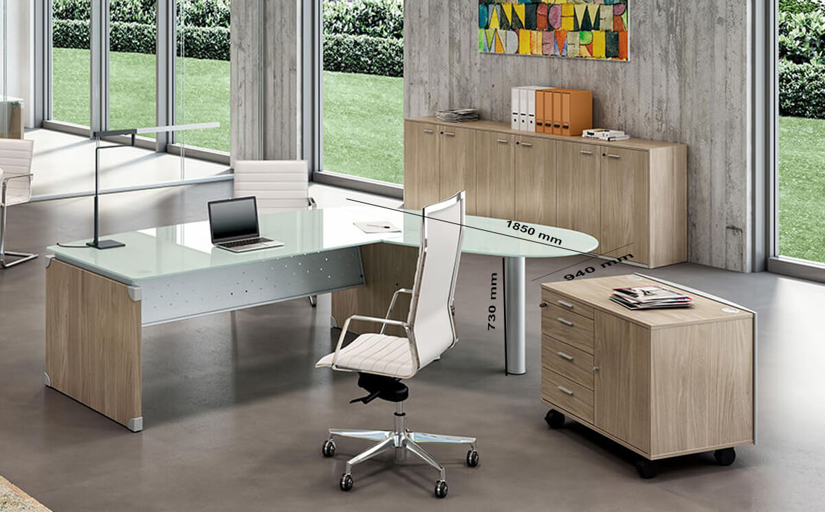 Size (return) Linda L Shaped Glass Top Executive Desk With Return