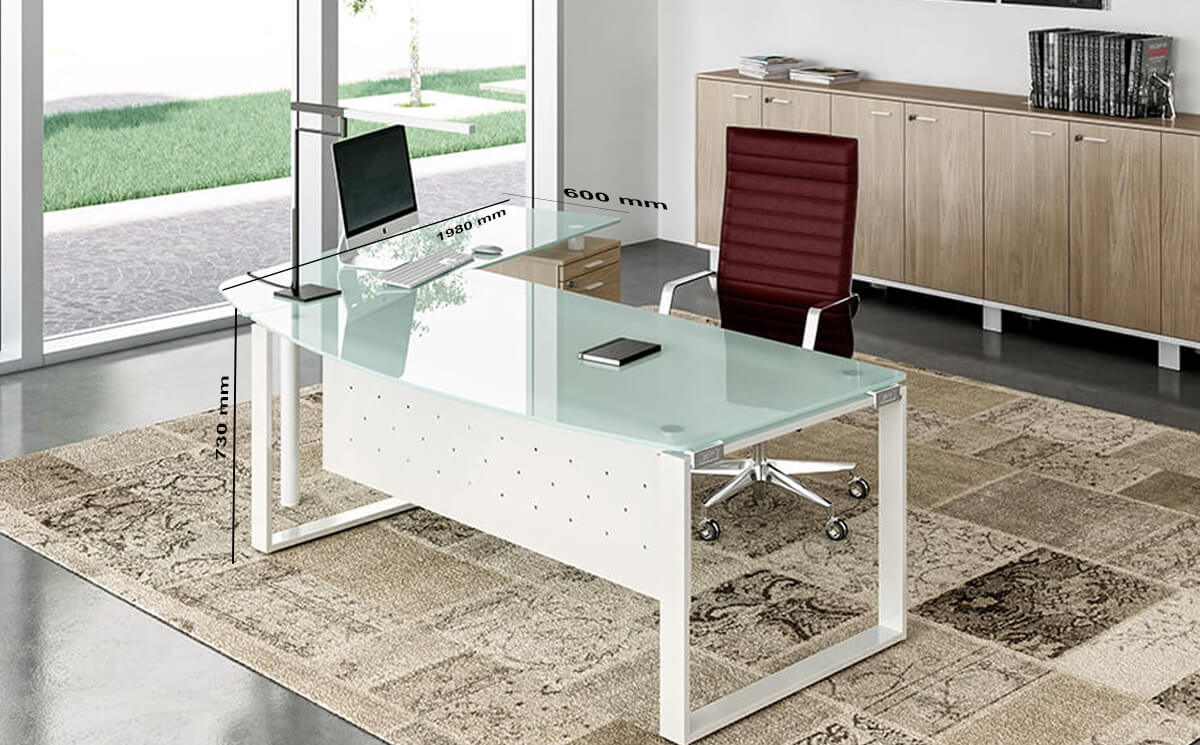 Size(return) Bonnie 1 – Glass Top Ring Leg Executive Desk With Rounded Front