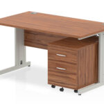 Zoela Straight Desk 1200 X 800mm Walnut Top Silver Cable Managed Leg With 2 Drawer Mobile Pedestal Bundle
