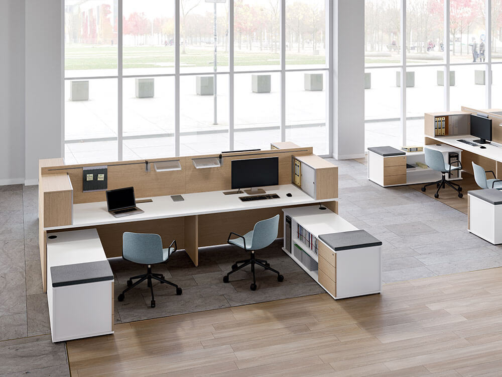Amo 5 Slab Legs Workstation With Front Panel And Optional Credenza Unit For 4 Persons 1