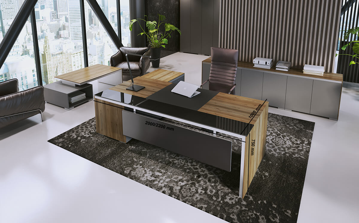 Paadini – Melamine Executive Desk With Glass And Leather Optional Credenza