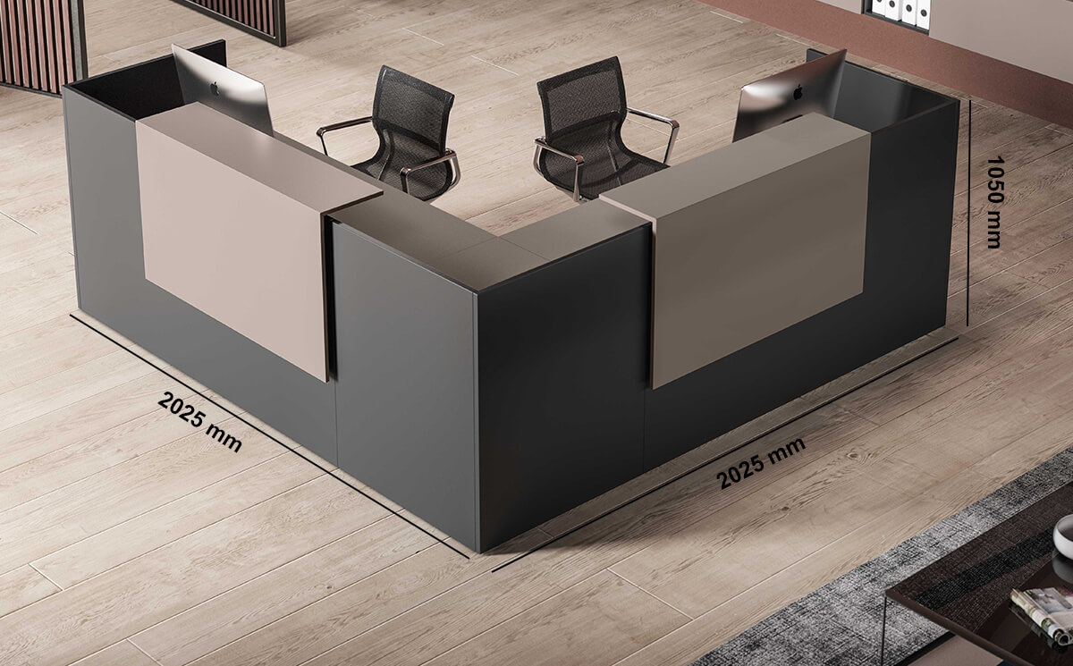 Naara 2 L Shaped Reception Desk With Optional Ovaerhang Panel Dimension Image