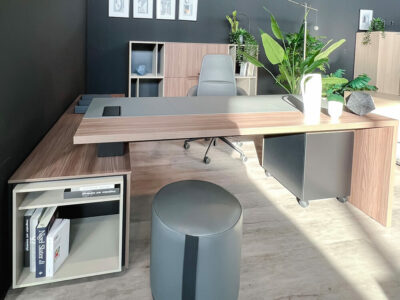 Sienna Slab Leg Executive Desk With Optional Return, Leather Insert And Credenza Unit 01