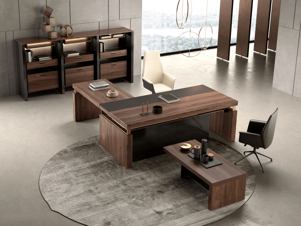 Luisa Modern Wood Finish Eco Leather Executive Desk With Optional Return Credenza