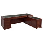 Desk with Full Modesty and 3 Drawers Pedestal + Credenza Unit (Wood Finish Top with Leather Insert)