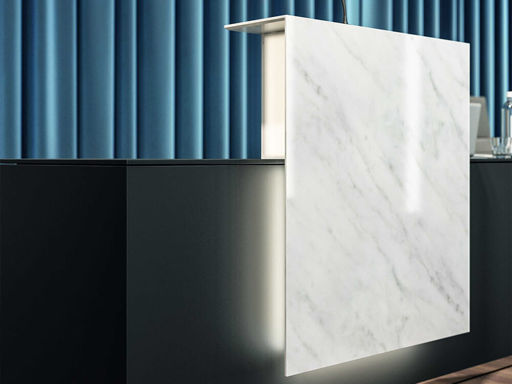 Luxor 1 – Reception Desk With Printed Glass Overhang Panel