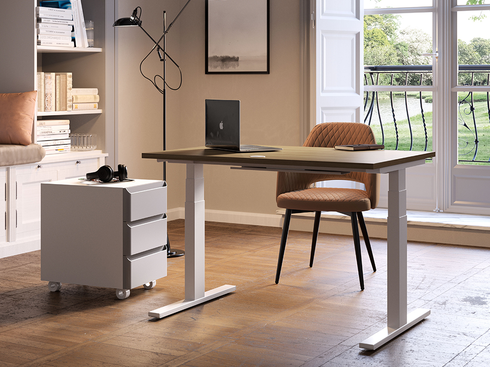 A comfortable modern office furniture featuring a height-adjustable ergonomic home office desk with drawers.