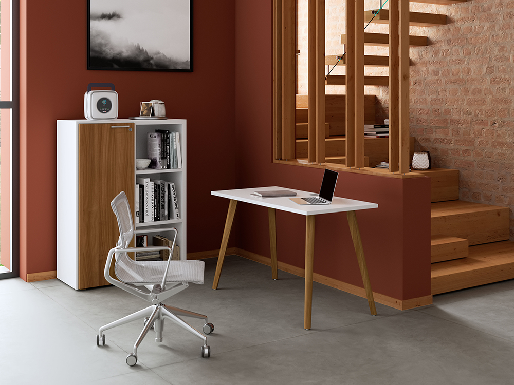 A modern home office desk with shelves and storage designed to complement your home's aesthetic.