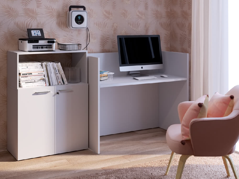 A modern home office desk with storage, perfect for organising paperwork and documents.
