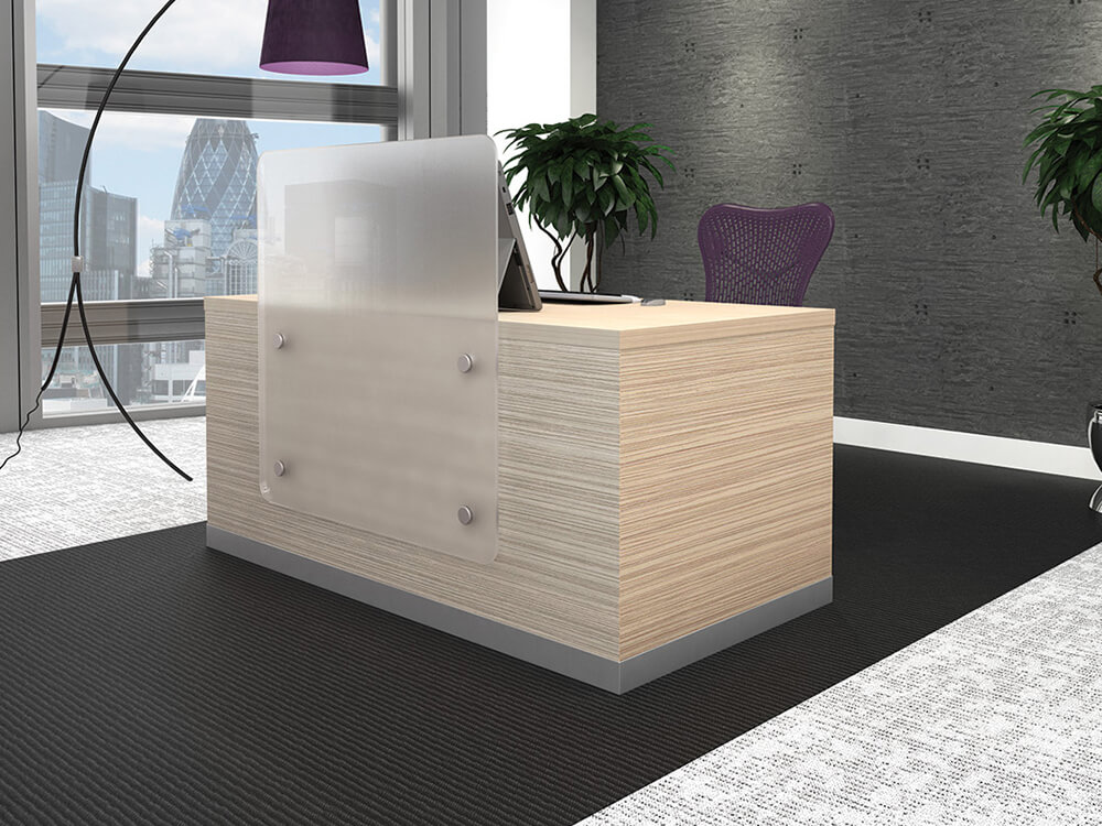 Instead of synthetic-looking fluorescent tones of yellow, invest in modern office furniture with pastel tones, such as this sand-coloured beige reception desk.