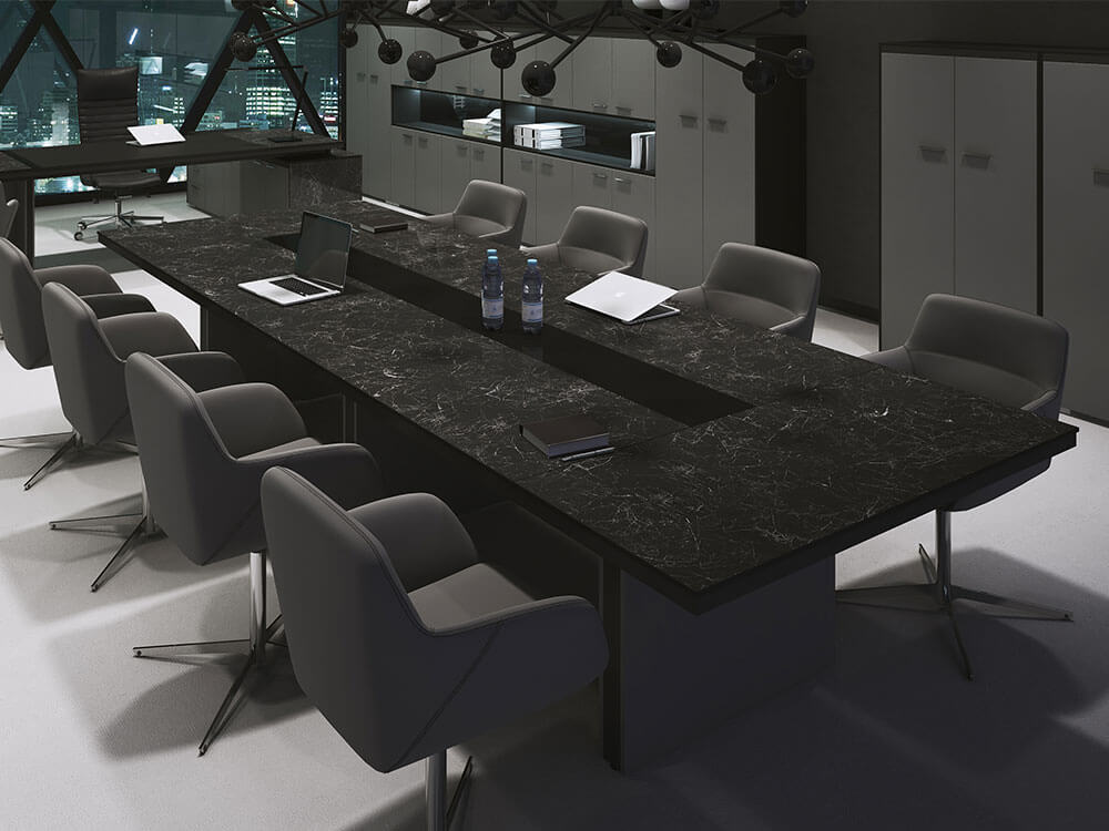Modern office furniture in a glossy finish, such as this polished stone rectangular meeting table, adds a luxurious and sophisticated touch to any conference room.