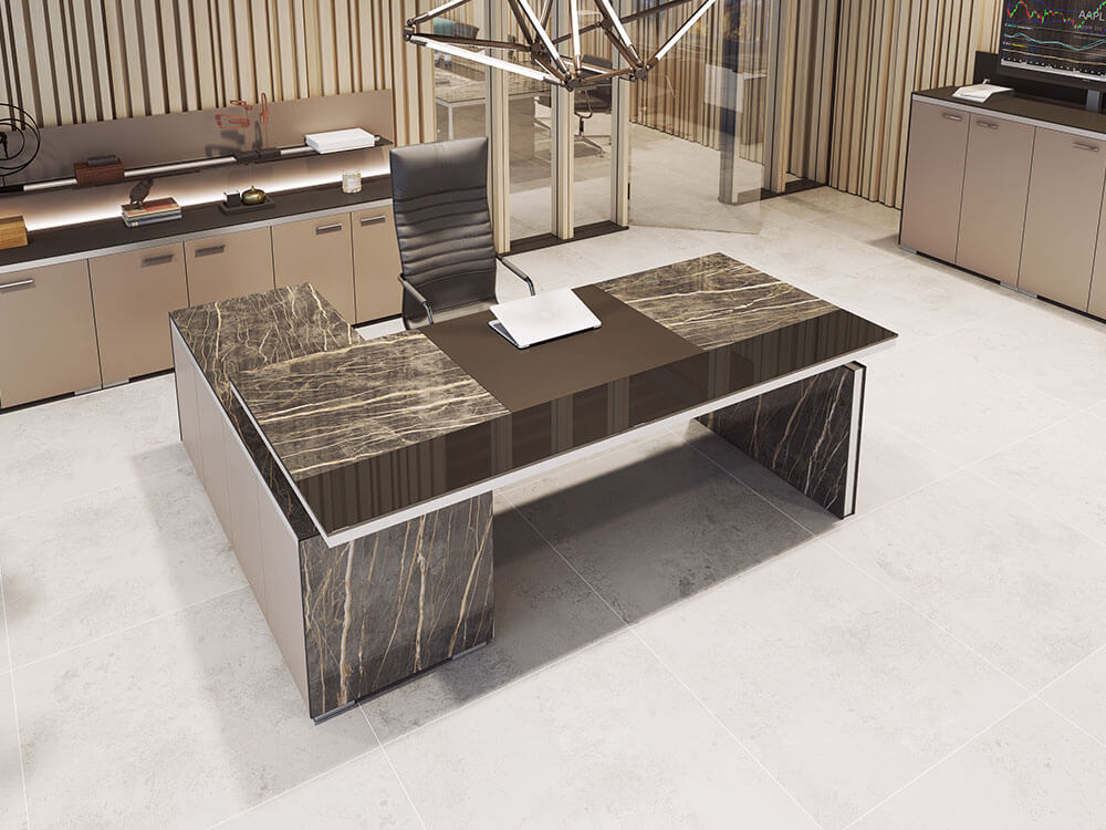 Paien 2, our executive desk, boasts a polished stone finish and offers an ideal solution for incorporating biophilic design into any workspace by incorporating modern office furniture.