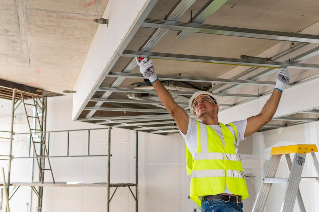 A man wearing protection gear working in an office with insulation materials to minimise heat transfer and increase energy efficiency.