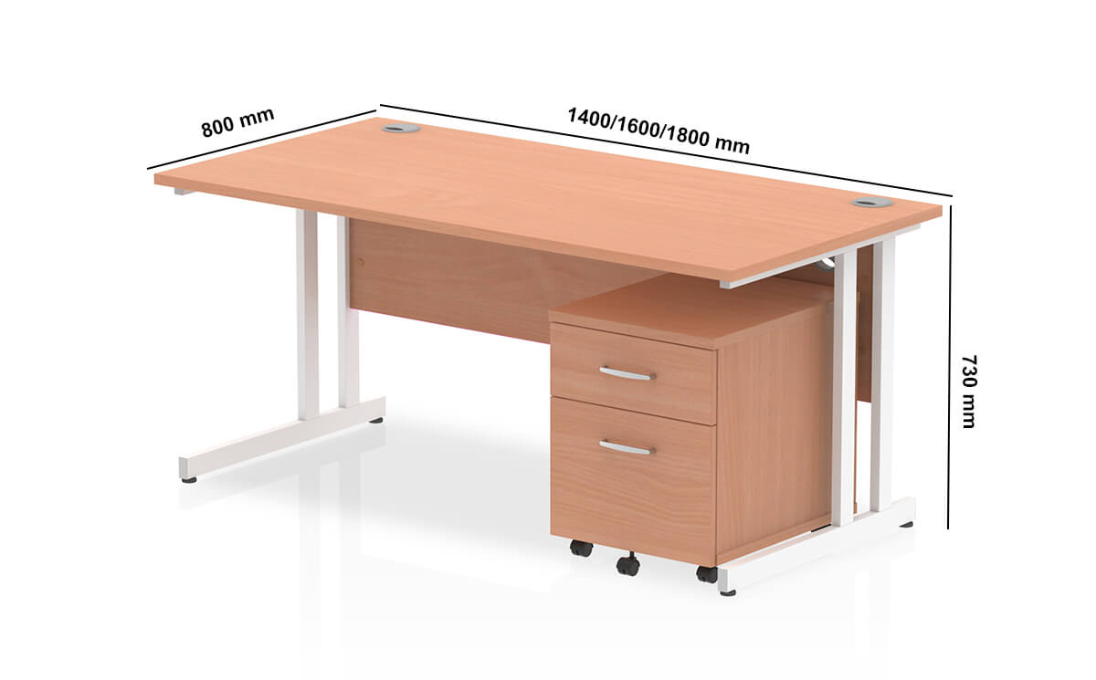 Etta 3 Straight Desk With Mobile Pedestal And Cantilever Legs Dimensions Image (1)