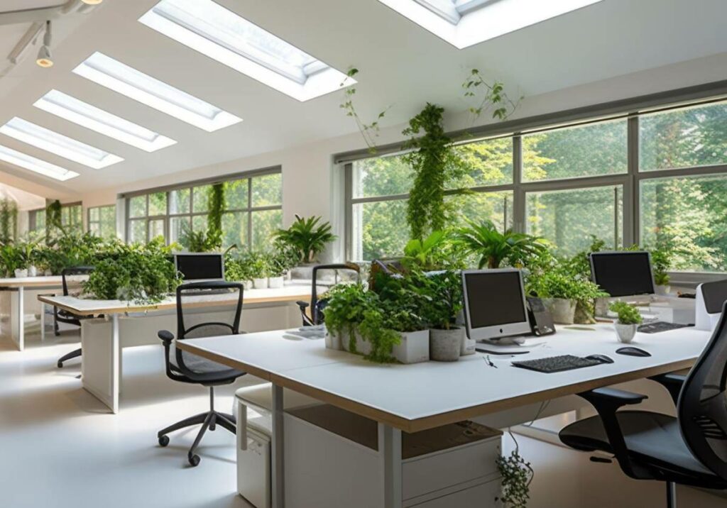 Open office workspace with green plants.