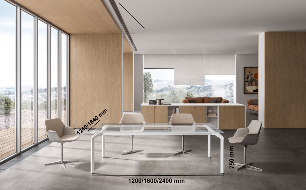 Romola – Meeting Table With Clear Glass Top And Aluminium Leg Middle